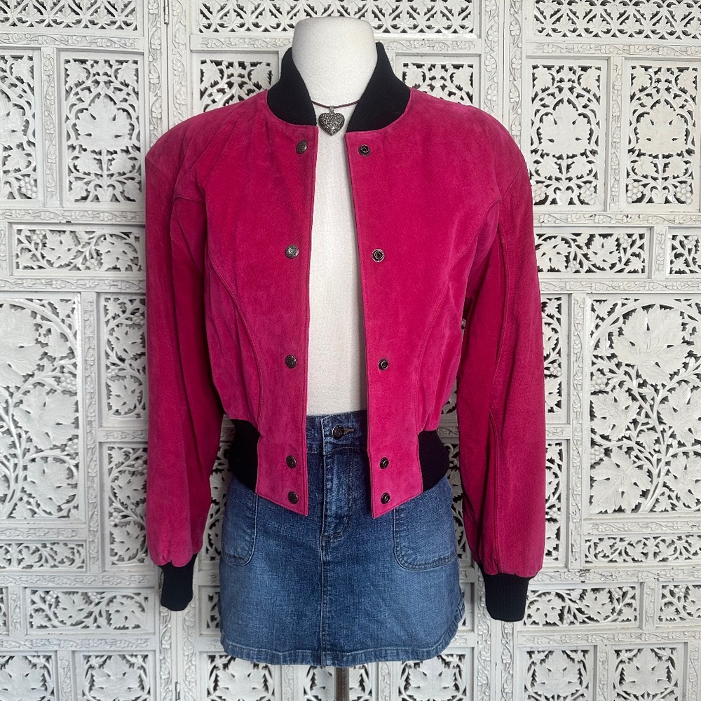 Vintage Chia Hot Pink Suede‎ Leather Western Button Up Shoulder Pad Jacket